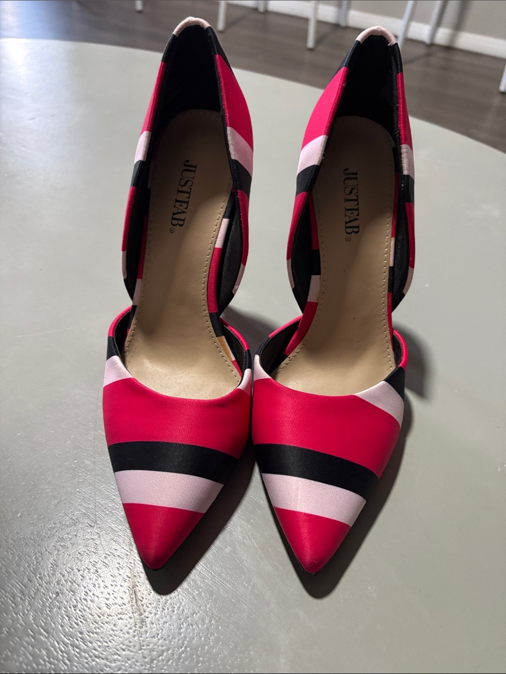 JustFab Pink, Black & Light Pink Striped Pointed-Toe Heels